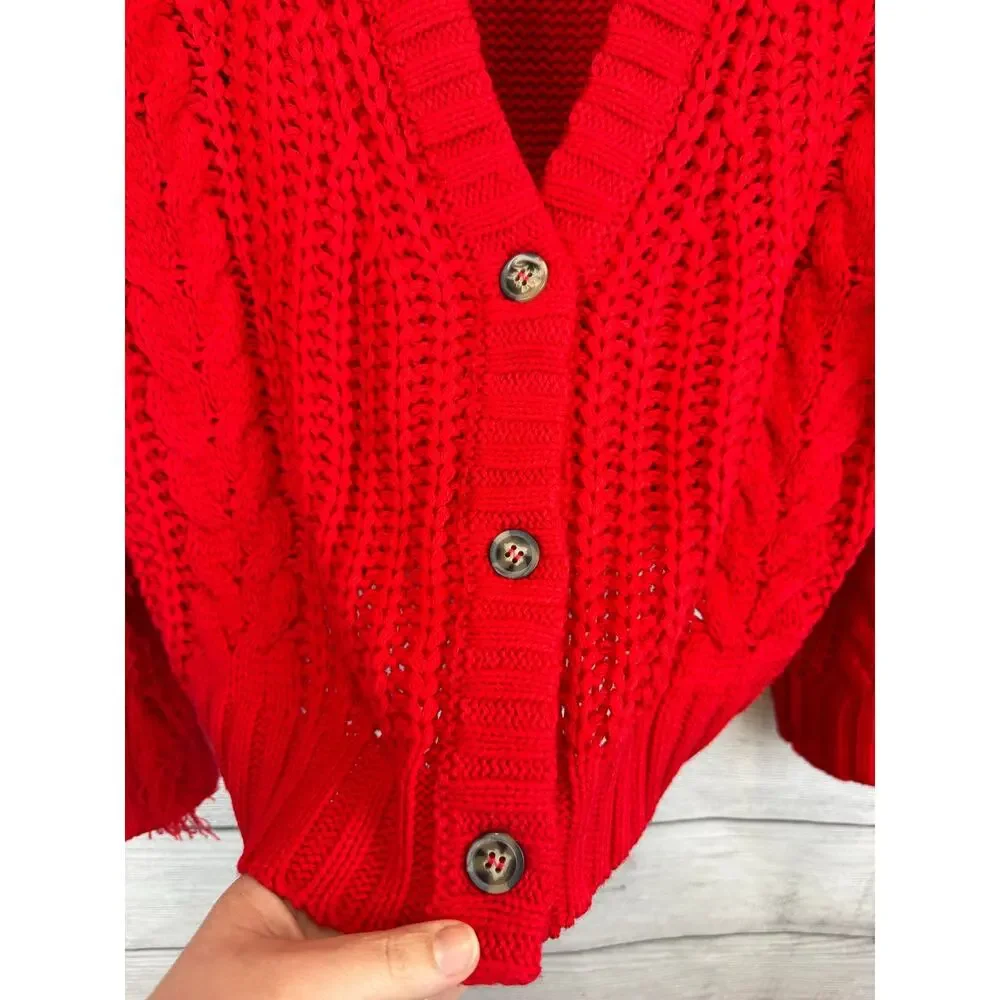 Impressions Women's Red Woven Knit Fringe Button Up Cardigan Size Small